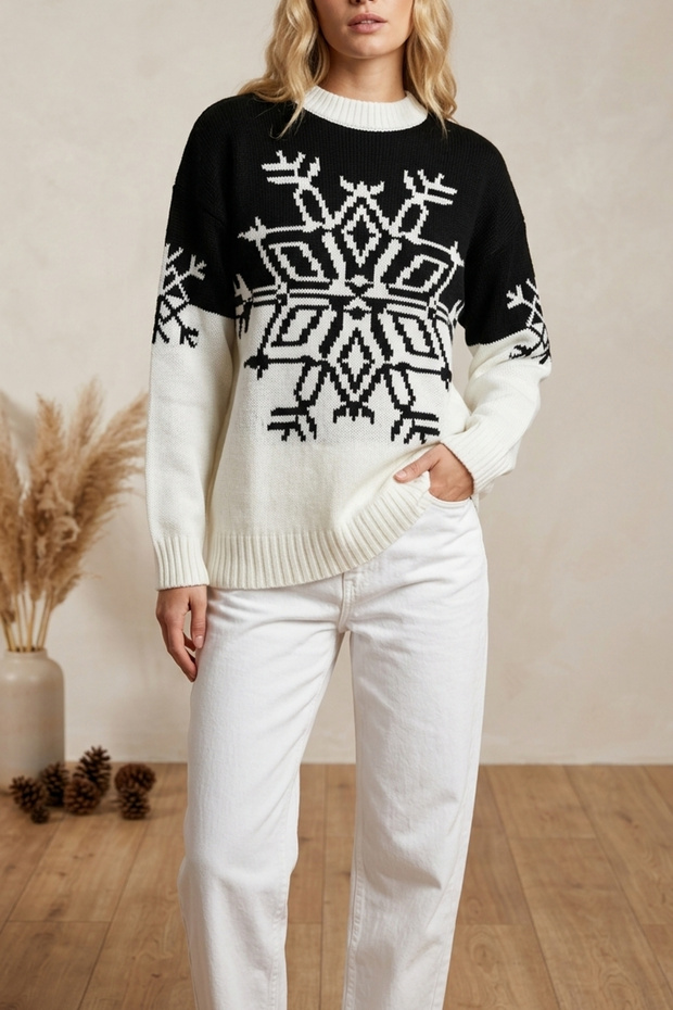 Women's Snow Themed Crew Neck Long Sleeve Knitwear Sweater