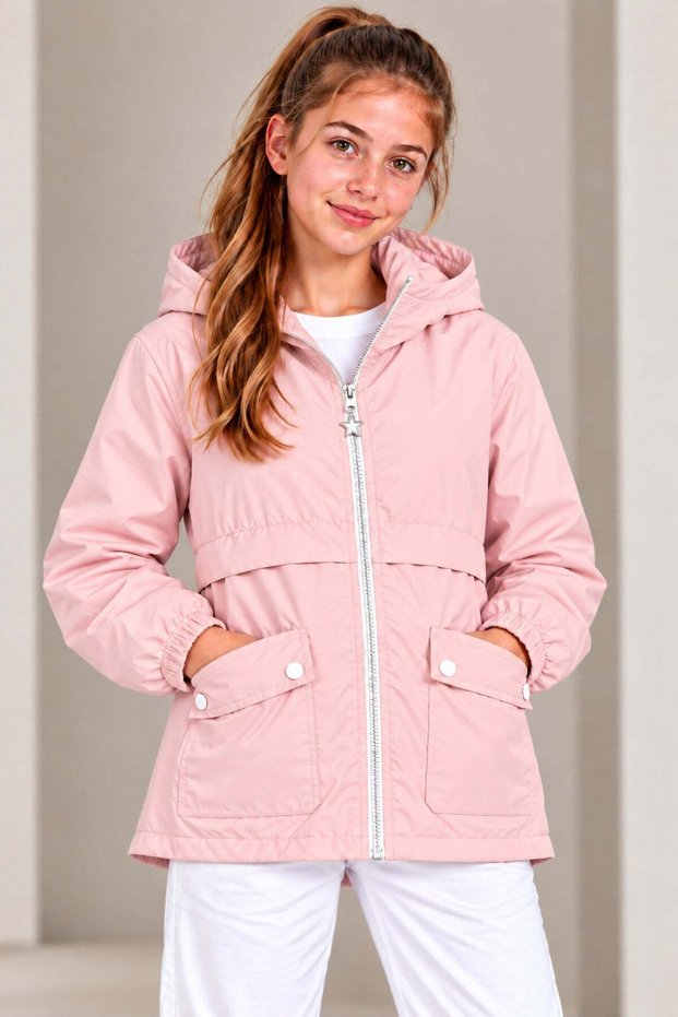 Girl's Hooded Pocketed Lined Seasonal Basic Raincoat