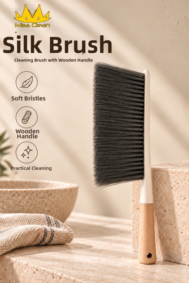 Silk Brush Wooden Handle Desk Sweeper – Soft Bristled Brush for Table, Countertop, and Dust Cleaning