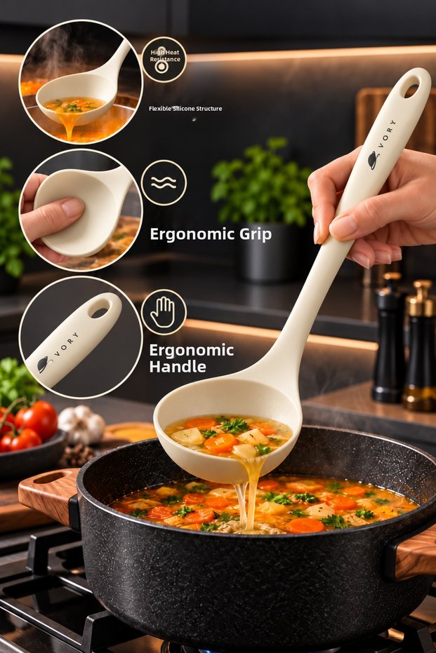 Silicone Ladle – Heat-Resistant Flexible Kitchen Ladle, Soup and Food Serving Spoon