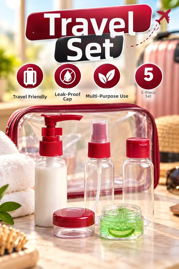 5-Piece Travel Cosmetic Bottle and Cap Set – Transparent, Leak-Proof with Lids and Carrying Bag