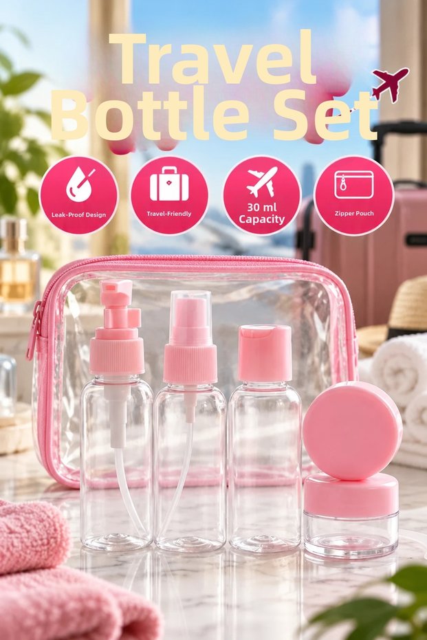5-Piece Travel Cosmetic Bottle Set – 30ml Leak-Proof Containers and Zipper Bag