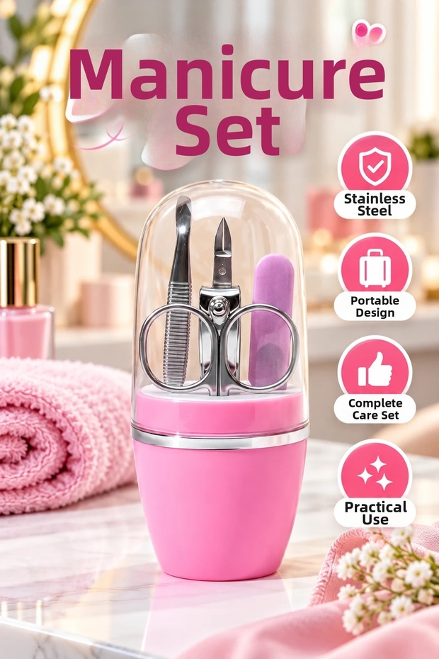 4-Piece Pink Manicure Pedicure Set – Stainless Metal Nail Care Kit