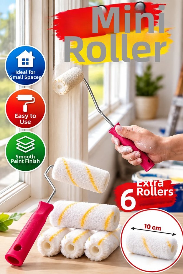 10 cm Mini Paint Roller Set – with 6 Spare Rollers for Narrow Spaces