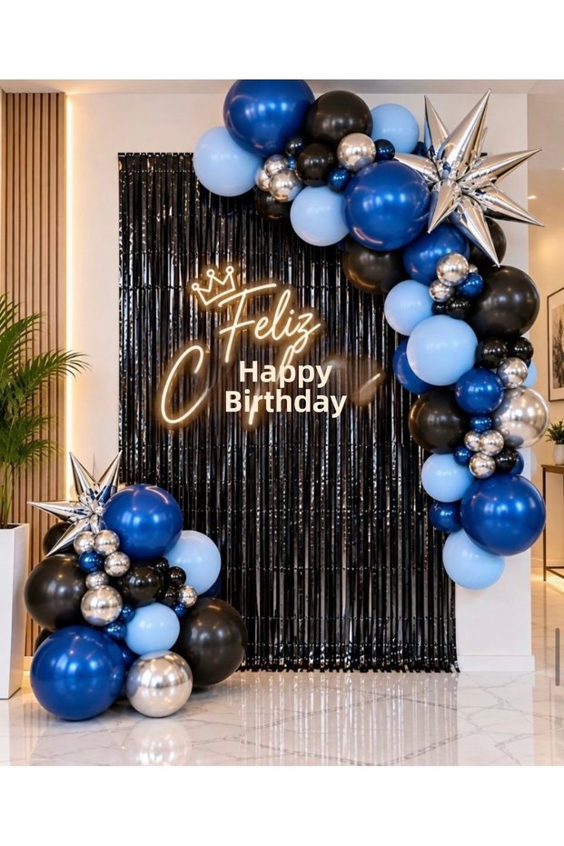 Blue Navy Blue Black Silver Chrome Balloon Chain Set with 101 Pole Star Balloons