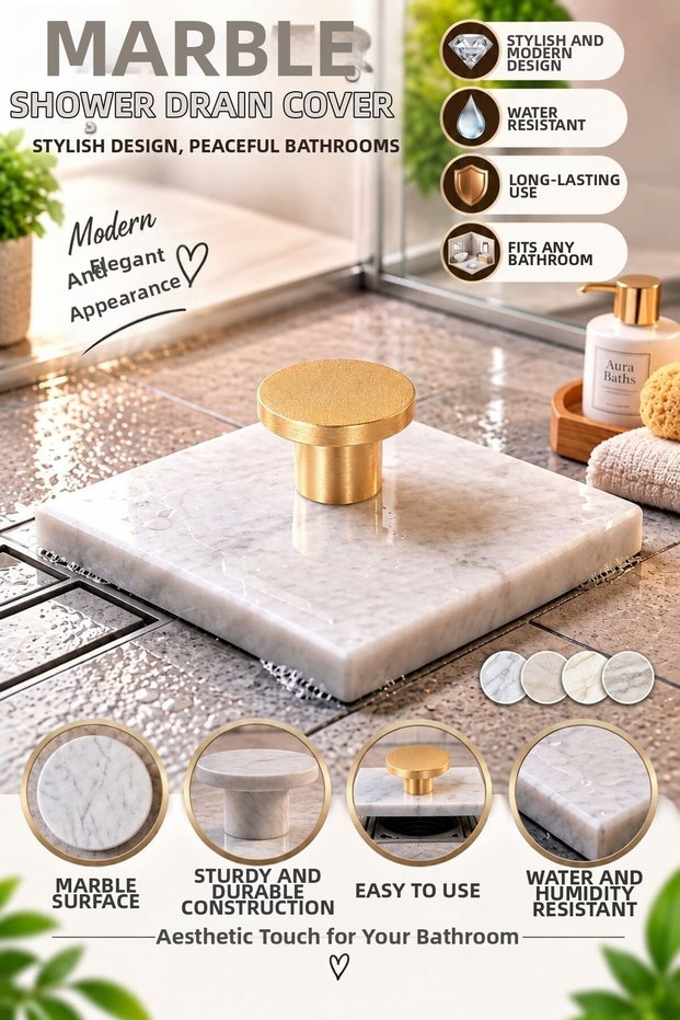 Real Marble Bathroom Drain Cover with Handle and Foot 10X10 cm Anti-Odor and Anti-Pest Strainer Cover