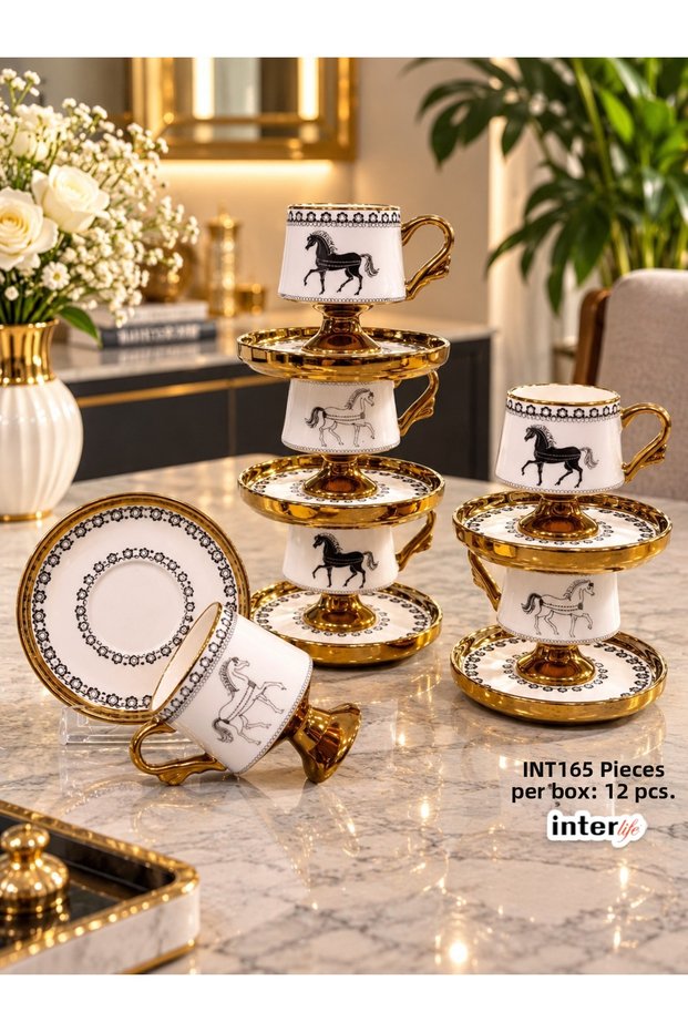 6-Person Horse Patterned Coffee Cup Set Modern Footed Model Coffee Cup