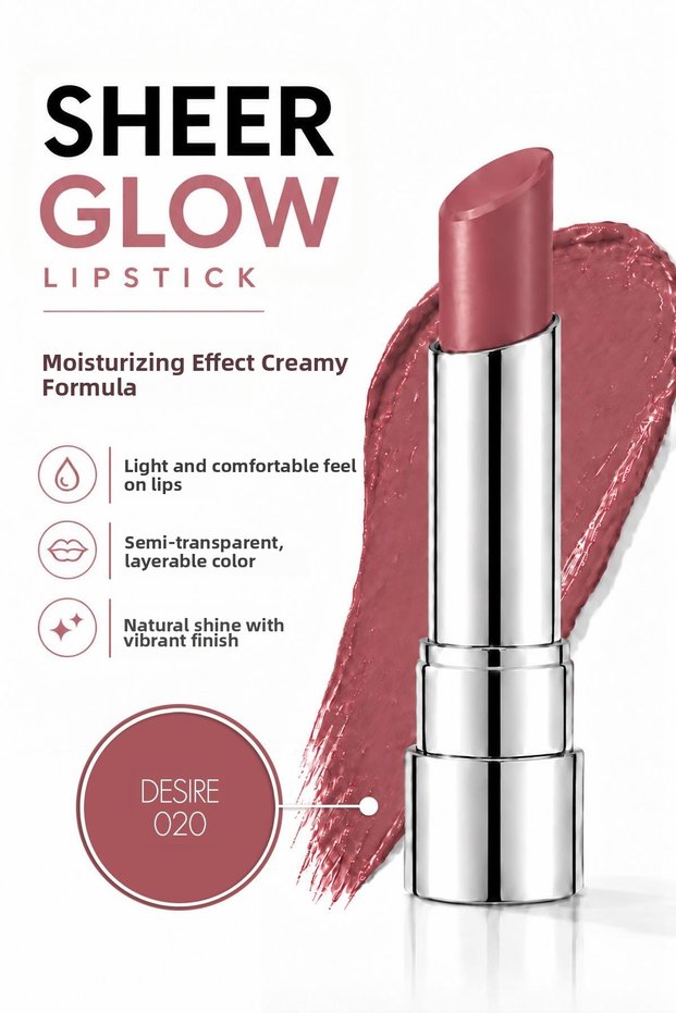 Sheer Glow Lipstick - Moisturizing Lipstick with a Glossy Finish - Desire - 020