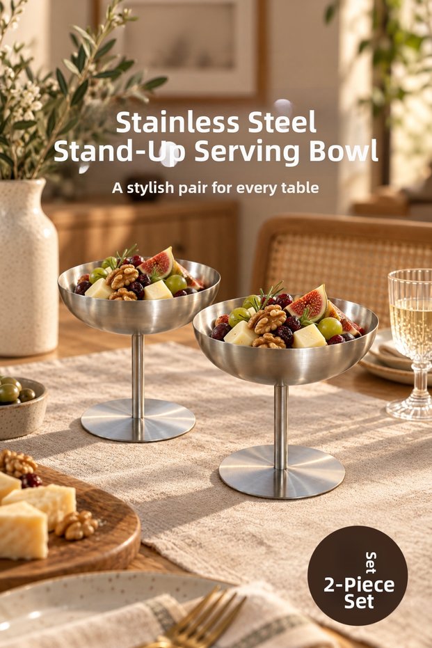 2-Pack 170 ml Stainless Steel Footed Presentation Bowl for Dessert and Ice Cream