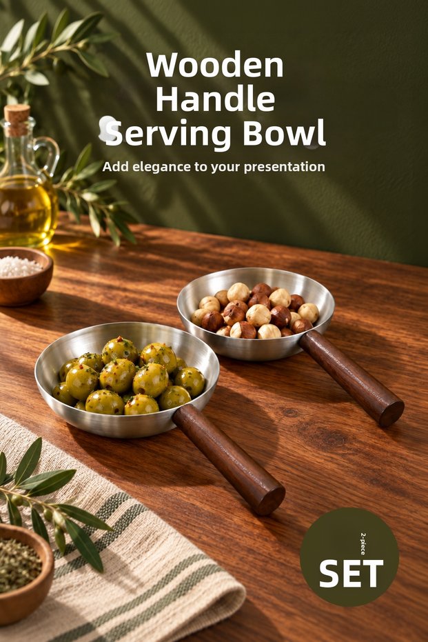 2-Piece Metal Presentation Plate with Wooden Handle | Mini Sauce Bowl, Snack Bowl, Serving Plate, Presentation Set