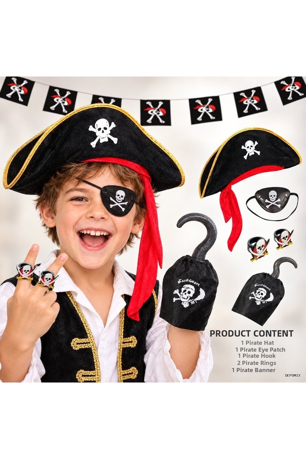 Dpmix-Hb Children's Pirate Hat + Mask + Eye Patch + 2 Rings + (214809) Banner Set