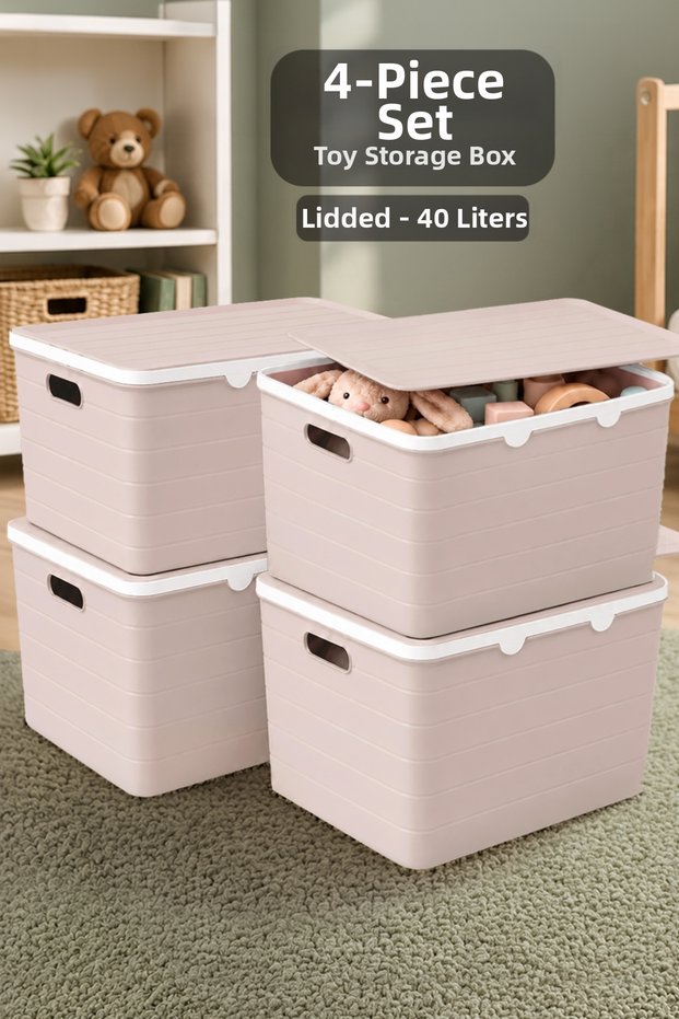 4-Piece 40Lt Storage Box with Lid - Children's Toy Organizer Multi-Purpose Baby Room Organizer Pink