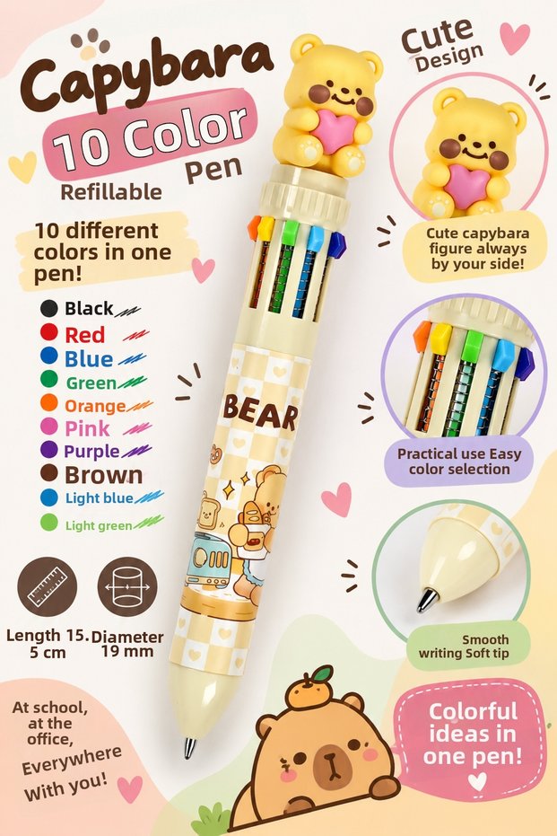 Capybara 10 Colors Ballpoint Pen with Teddy Bear 155mm Vd077