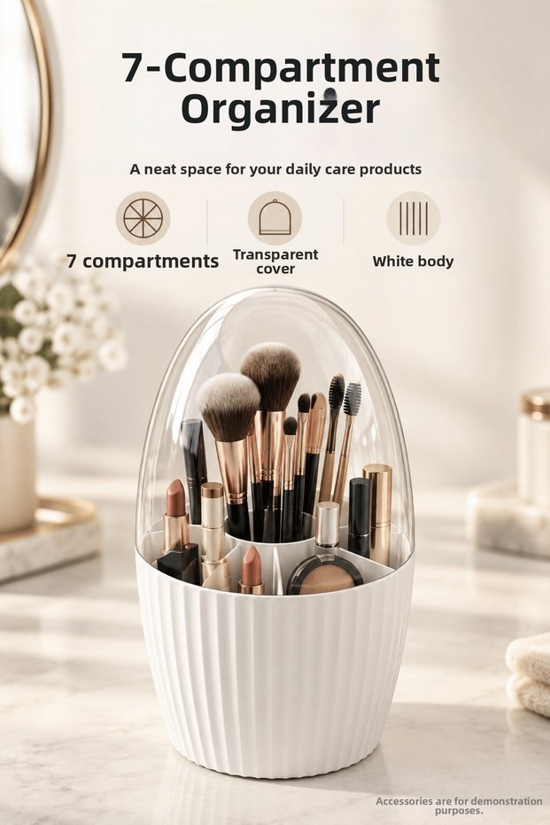 7-Compartment Makeup and Brush Organizer with Transparent Lid Dustproof Cosmetic Organizer Box Stand