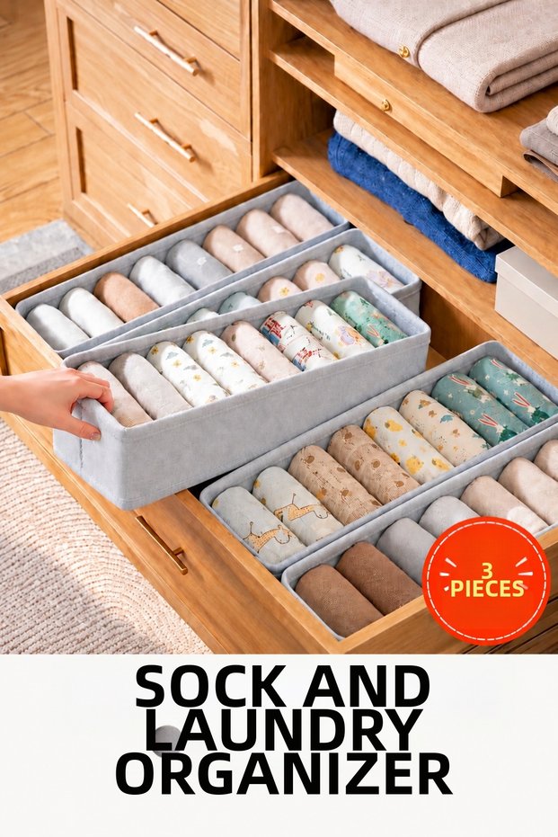 3 Pieces Sock and Laundry Organizer Drawer and Closet Organizer, Shelf Organizer, Foldable