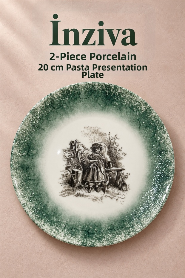 İnziva 6 Piece Porcelain 20 cm Cake Presentation Plate – Rustic Nostalgic Pattern