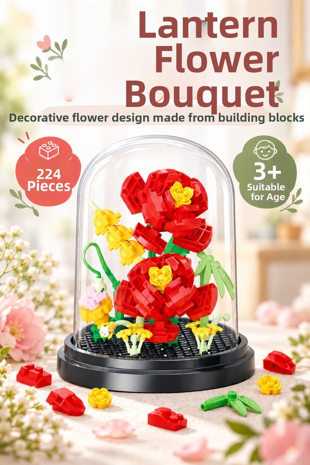 224 Piece Flower Bouquet Making Set with Bell Jar, Decorative Puzzle Block Toy for Ages 3+