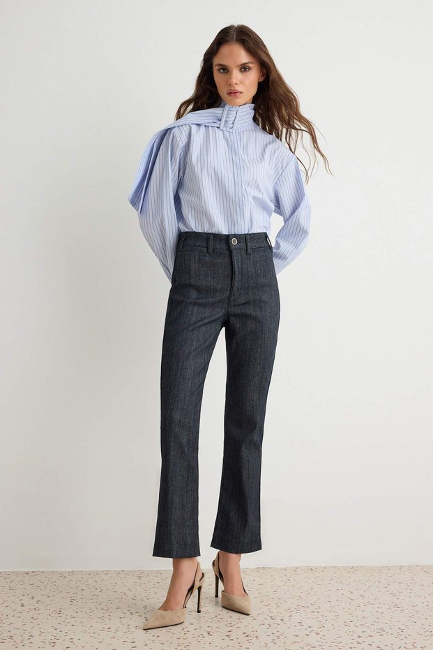 Koyu Mavi Orta Esnek Bel Detaylı Normal Bel Straight Jeans TWOAW27JE00366