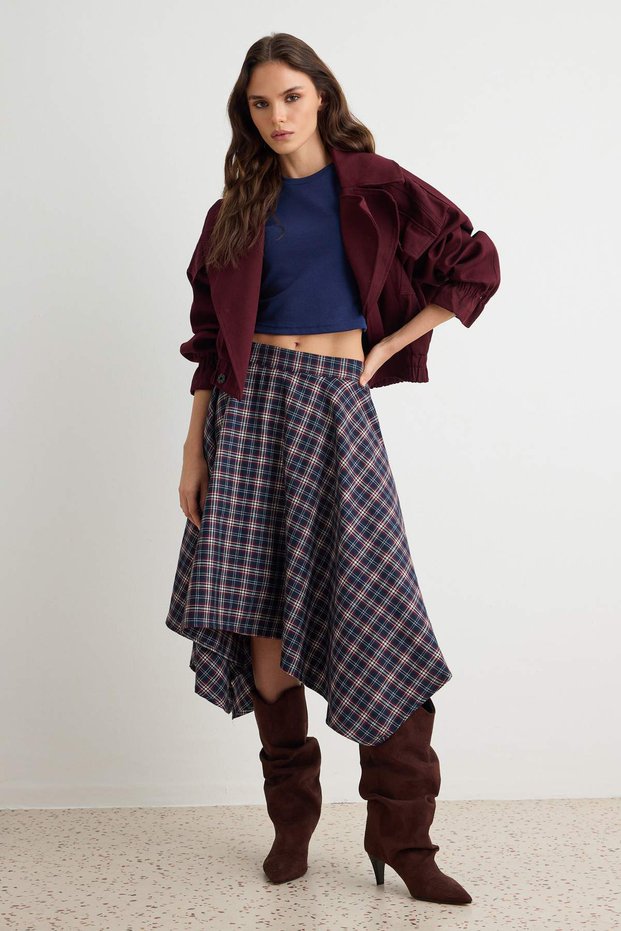 Lacivert Ekoseli Midi Asimetrik Flanel Etek TWOAW27ET00131