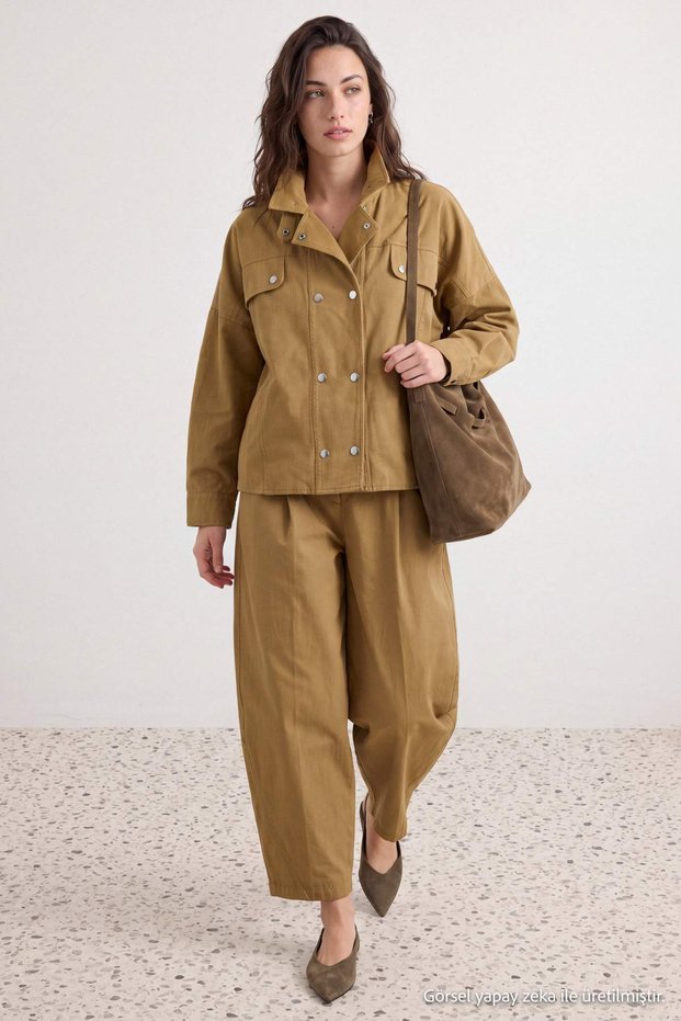 Camel Oversize Çıtçıtlı Ceket Pantolon Alt - Üst Takım TCTAW27US00051