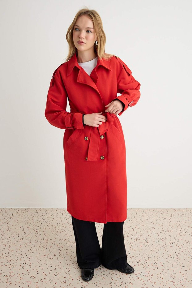 Kırmızı Oversize Kuşaklı Trençkot TWOSS21TR0005