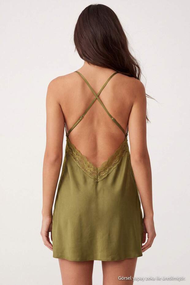 Khaki Satin Lace and Slit Detailed Rope Strap Woven Babydoll/Fantasy Nightgown Thmss25Cy00001