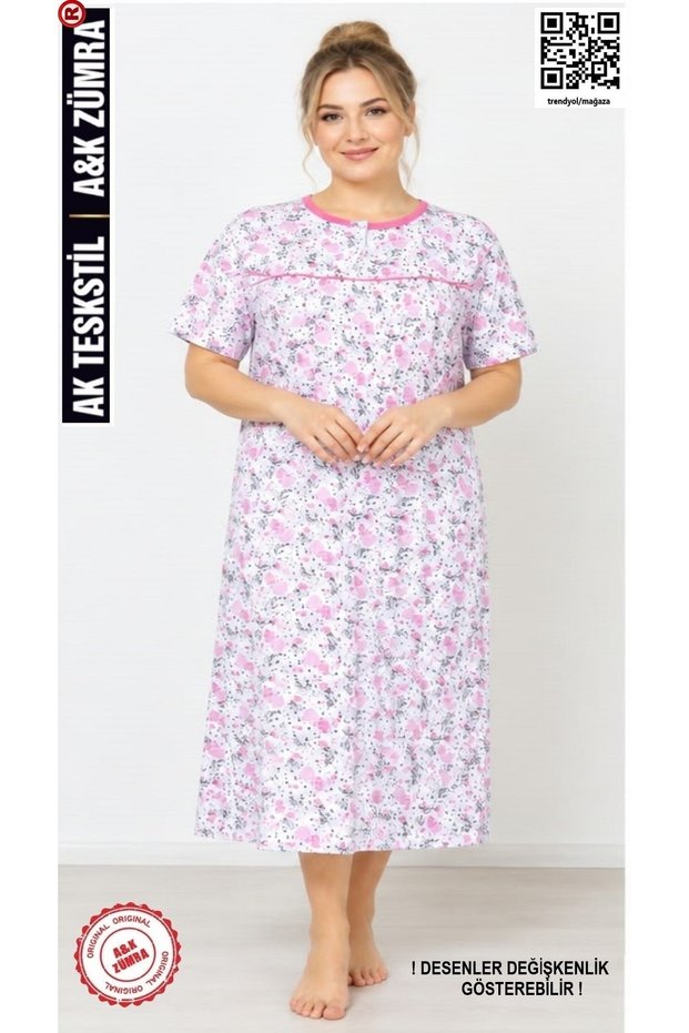 Women's Short Sleeve Patterned Combed Cotton Nightgown Pink
