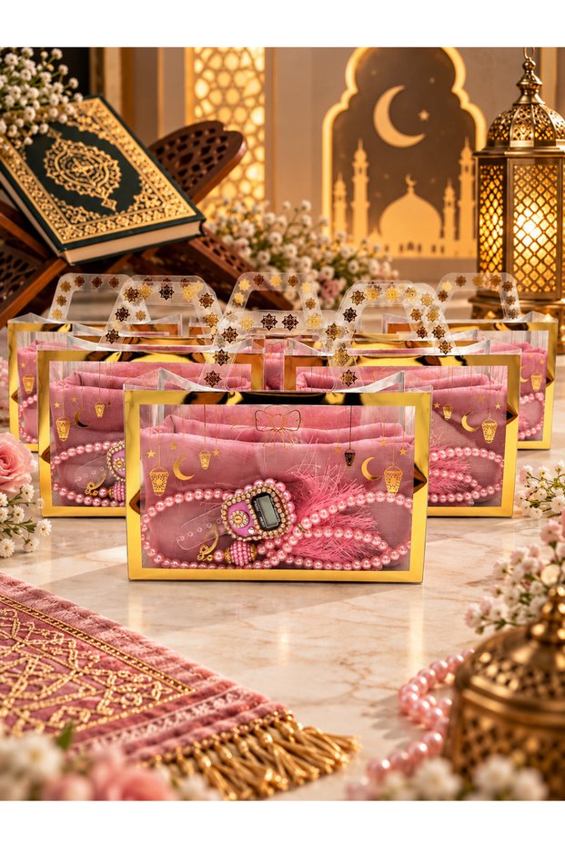 10 Ramadan-Themed Items in a Bag Including a Fringed Cover, Prayer Beads and a Stone Zikirmatik Set.