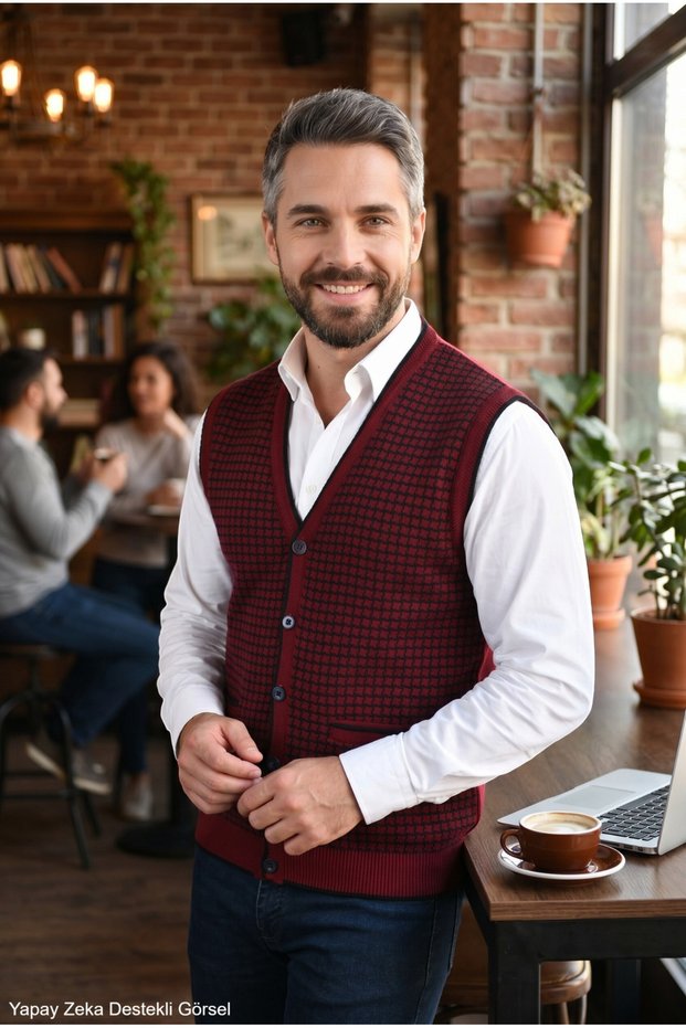 Men's Burgundy Anti-Pilling Fabric Standard Fit Winter Houndstooth Knit Vest with Pockets