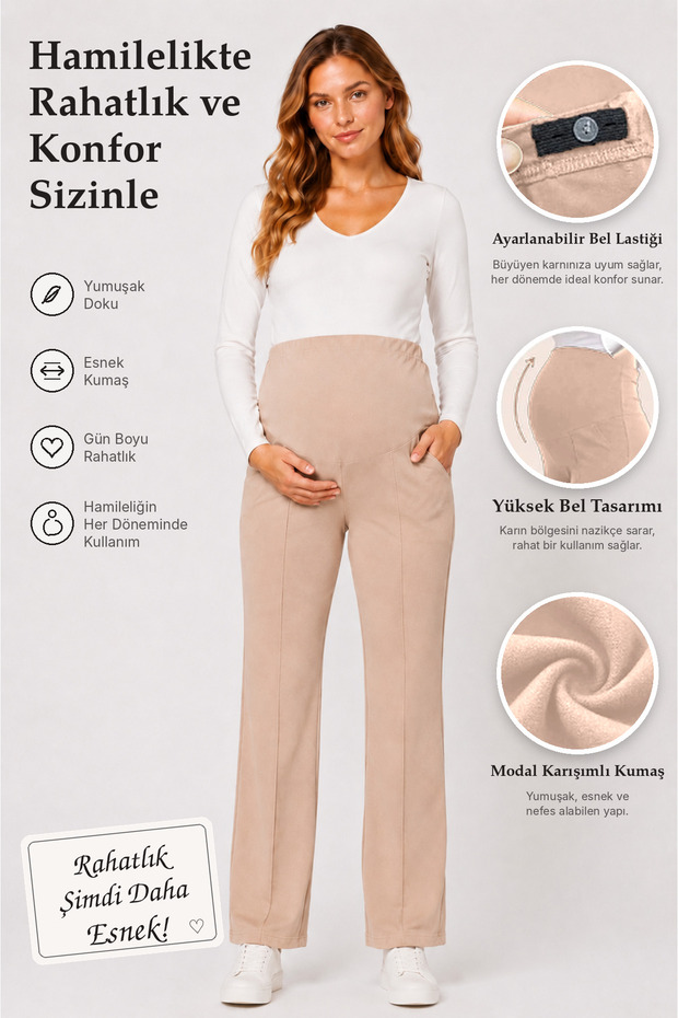 394 Beige Color Modal Adjustable High Waist Maternity Palazzo Sweatpants - Flexible and Comfortable Maternity Wear