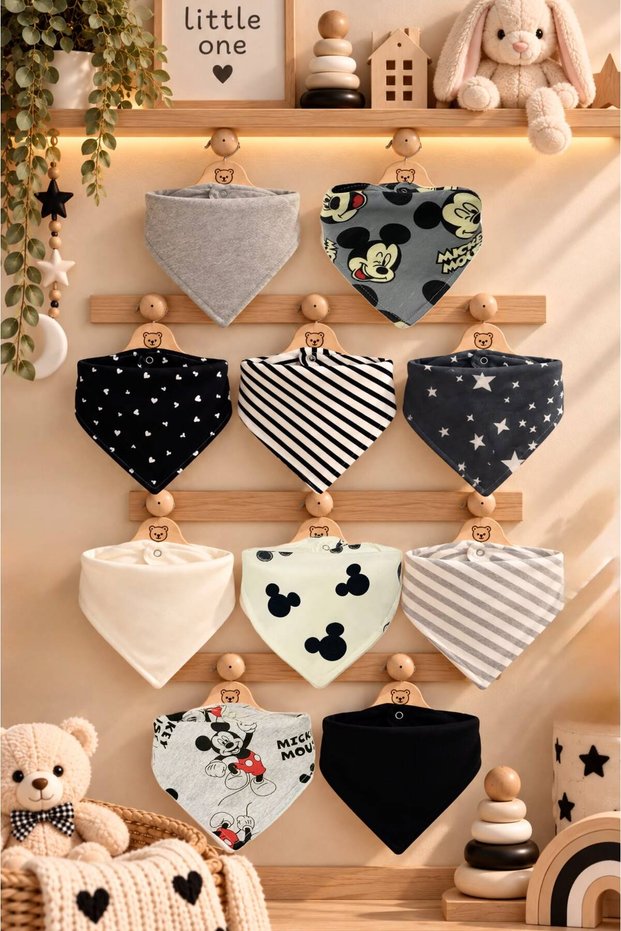Unisex Baby 100% Cotton Black and White Tones Double Layer Scarf Baby Bib - Drool Bib 10 Pieces