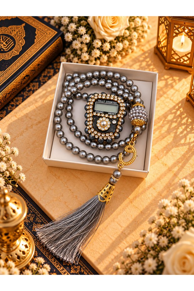 1 Piece Gray Gift Dowry Boxed Rosary and Stone Zikirmatik Set (Mevlit-Circumcision-Hajj-Umrah)