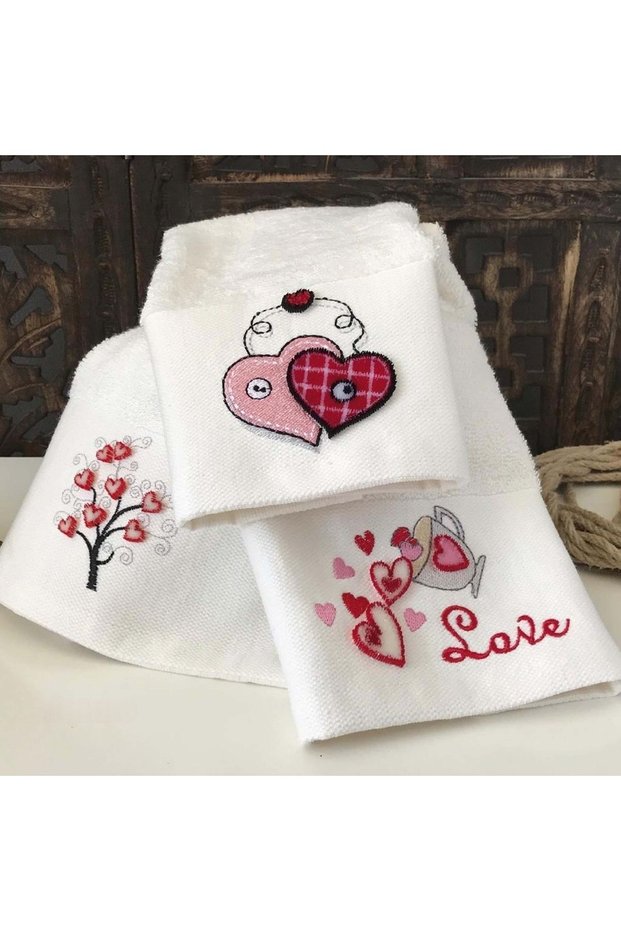 Love - Embroidered Kitchen Towel 70% Bamboo / 30% Cotton - Cream Set of 3 30X50