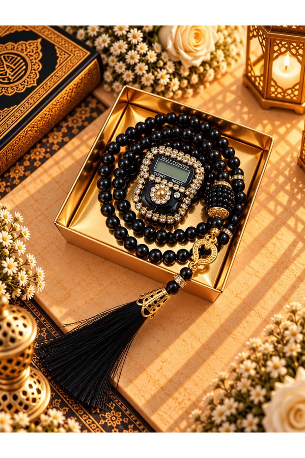 1 Piece Black Gift Dowry Boxed Rosary and Stone Zikirmatik Set (Mevlit-Circumcision-Hajj-Umrah)