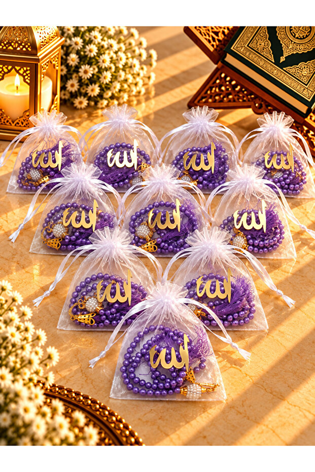 10 Pieces of Pearl Tesbi̇rh in a Purple Gift Pouch (Mevli̇d - Hac - Umre - Bohça)