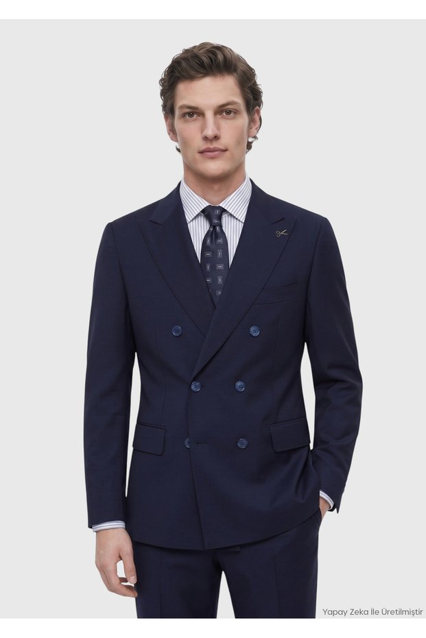 Navy Blue Solid Wool Blend Suit