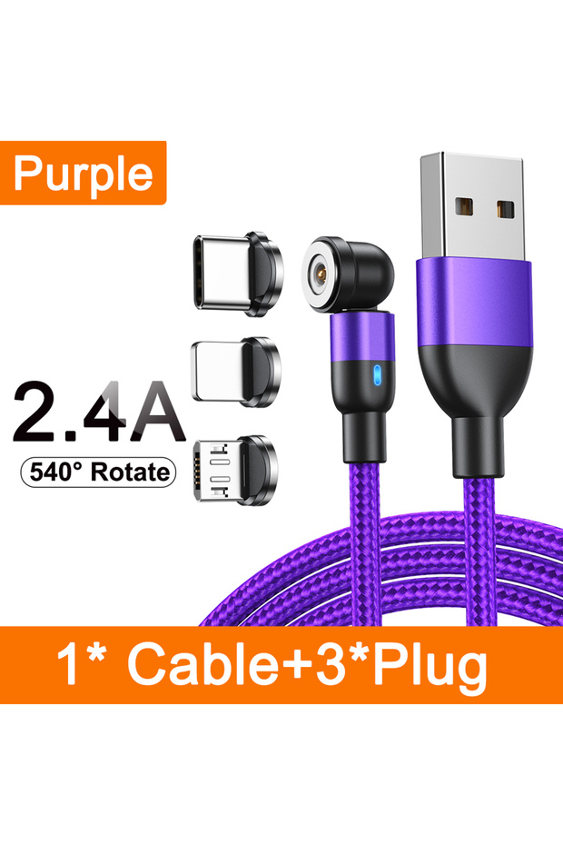 2m Purple with 3Tips AUFU 540 Rotate Magnetic Type C Cable 3 in 1 Fast Charging Cable For iPhone Xia