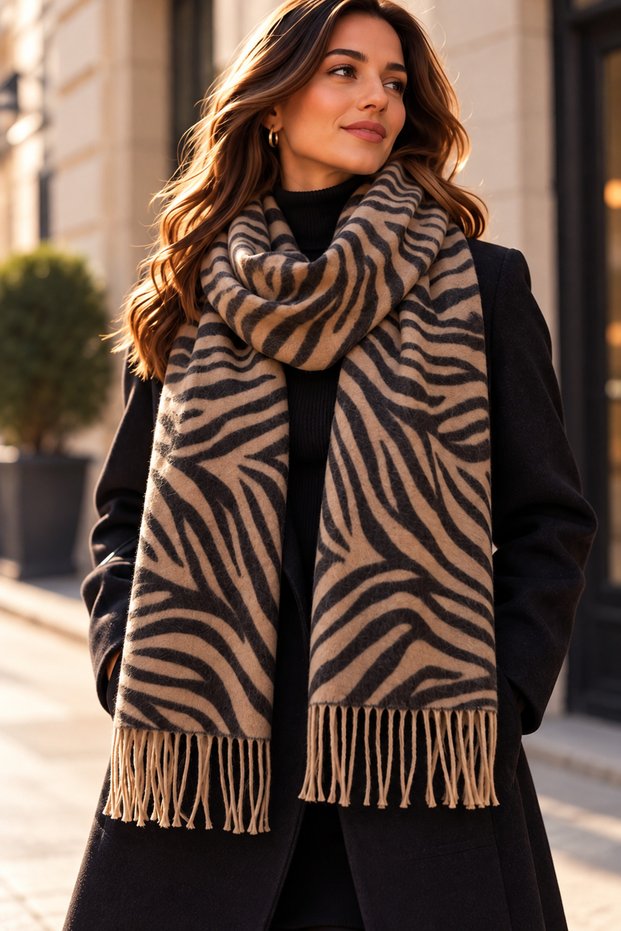 Milan | Women's Beige Black Winter Shawl Scarf 66X195 cm | Oversize Zebra Patterned Thick Soft Tassel Shoulder Shawl