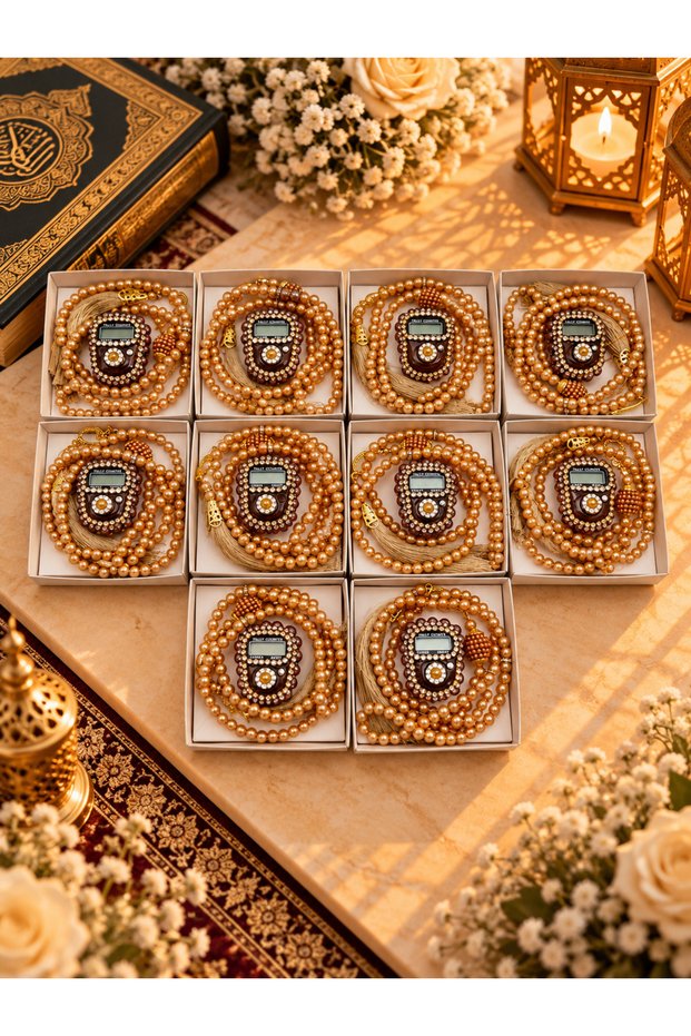 10 Pieces Mevlid-hajj-umrah Gift Gold Stone Zikirmatik and Tasbih Set Boxed