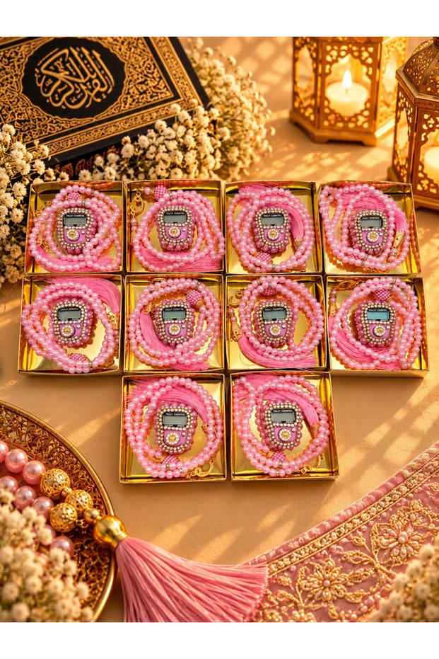 10 Pieces Mevlid-hajj-umrah Gift Pink Stone Zikirmatik and Tasbih Set Boxed