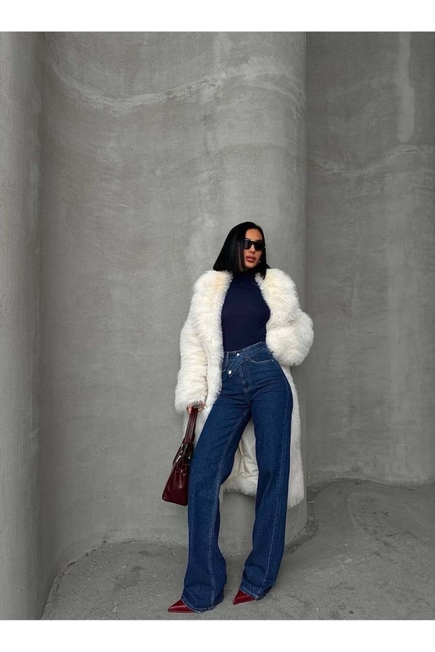 Women's High Waist Cross Button Detailed Wide Leg Jean Pants