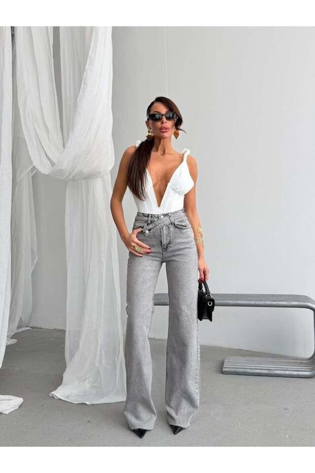 Asymmetrical Belt Detail High Waist Wide-Leg Denim Pants