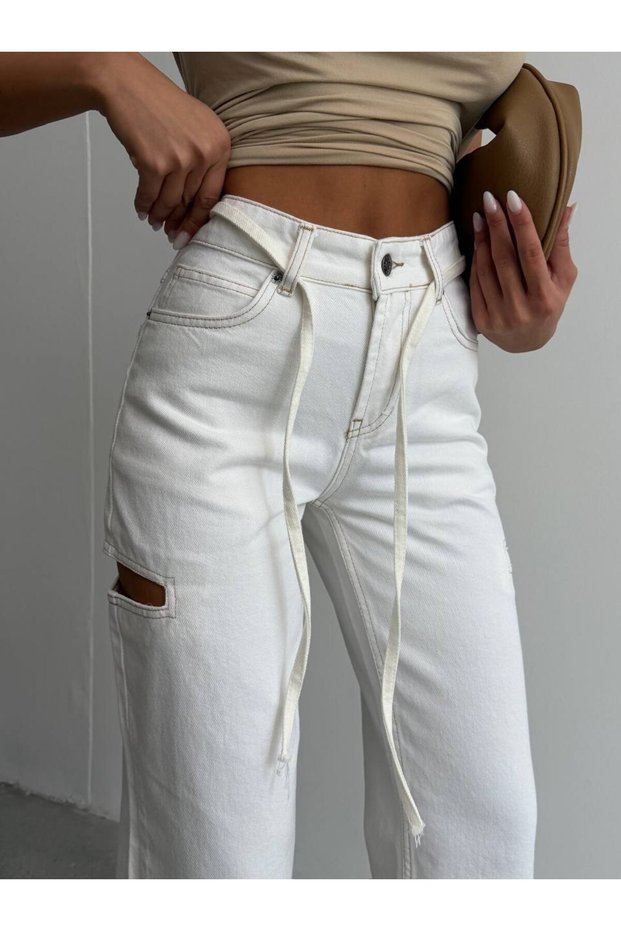 Women's High Waist Wide Leg Denim Trousers with Cut-Out Detail