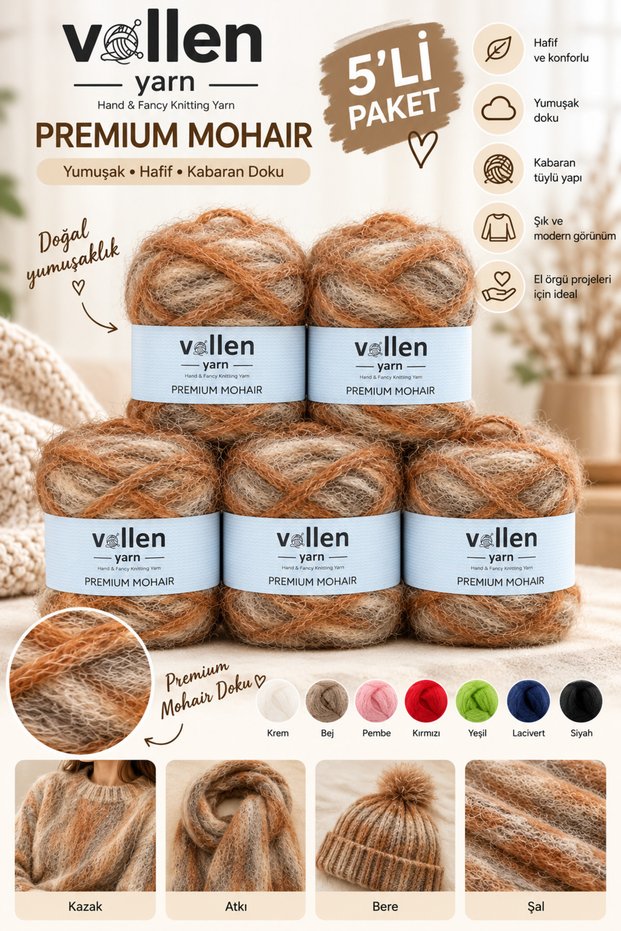 5 Pcs Premium Mohair Knitting Yarn 100 Gr 250 m – Soft Lightweight Plump Texture | Shawl Cardigan Sweater Scarf Rope