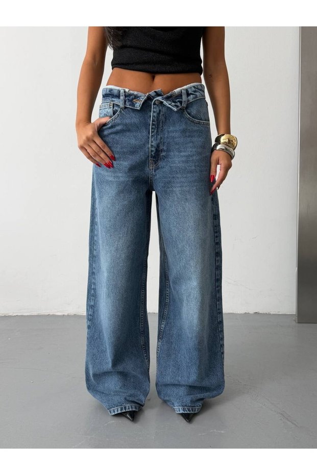 Women's Folded Waist Detailed Wide Leg Jeans Loose Leg Denim Trousers