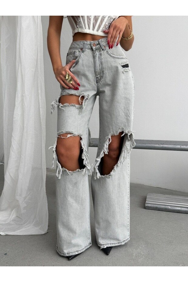 Women's High Waist Ripped Detailed Wide Leg Jeans with Fringes Wide Leg Denim