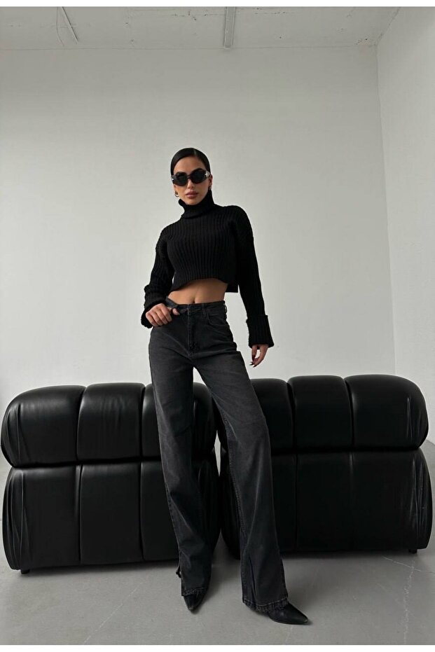 Women's High Waist, Slit-Cut, Shiny Lycra Jean Trousers