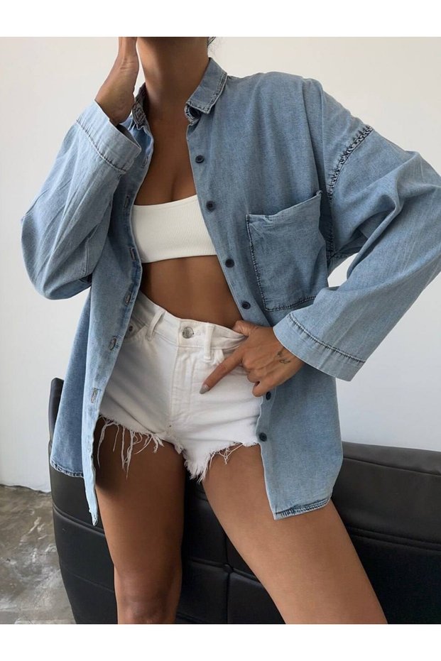 Oversize Denim Shirt Single Pocket Loose Cut Lycra Denim Shirt