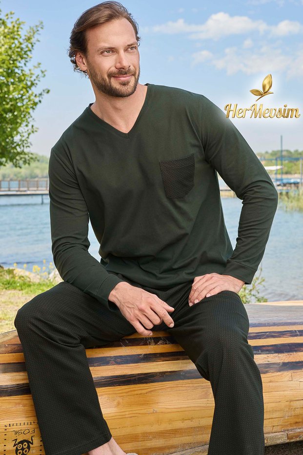 Men's Tuna 3464 V-Neck Single Jersey Green Pajama Set