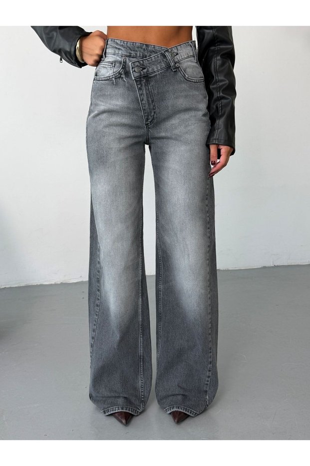 Women's High Waist Cross Button Detailed Wide Leg Denim Trousers